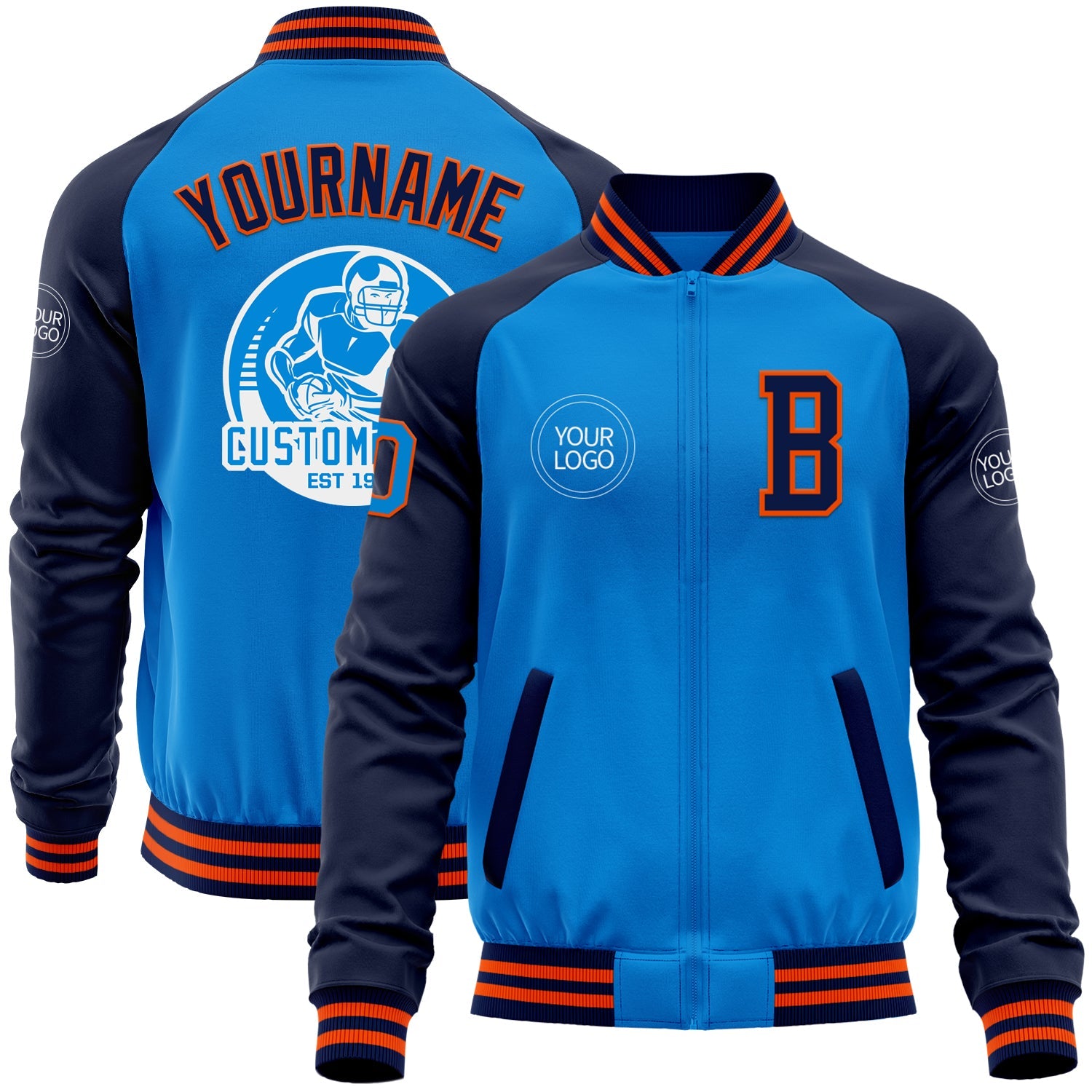 Custom Powder Blue Orange-Navy Bomber Varsity Letterman Two Tone Zipper Jacket - Main View