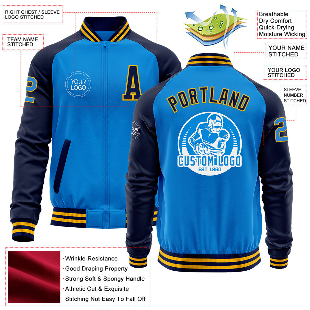 Custom Powder Blue Gold-Navy Bomber Varsity Letterman Two Tone Zipper Jacket view 4