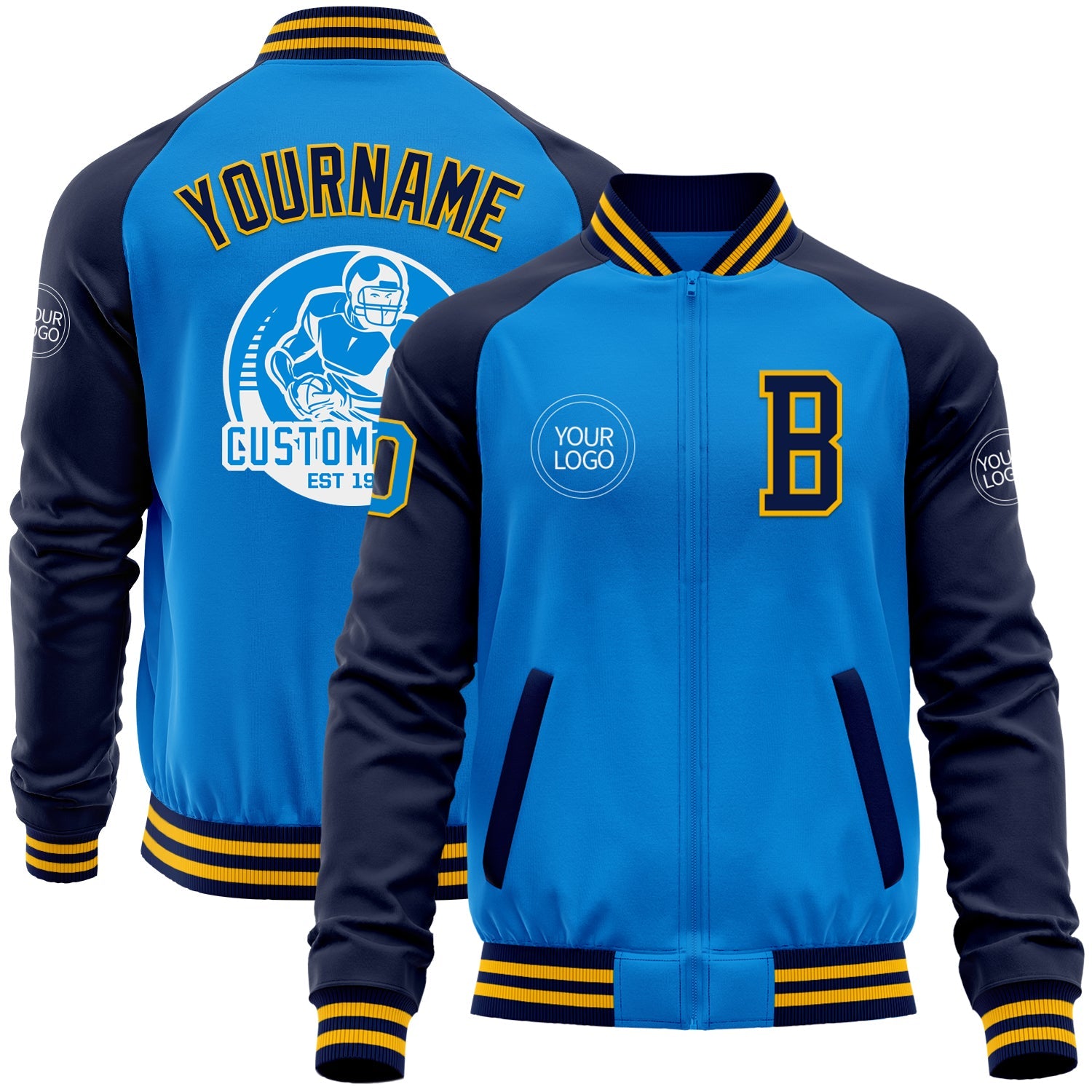 Custom Powder Blue Gold-Navy Bomber Varsity Letterman Two Tone Zipper Jacket - Main View