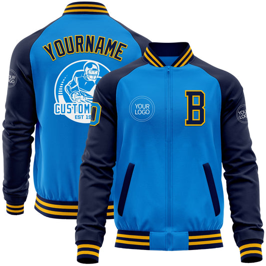 Custom Powder Blue Gold-Navy Bomber Varsity Letterman Two Tone Zipper Jacket - Main View