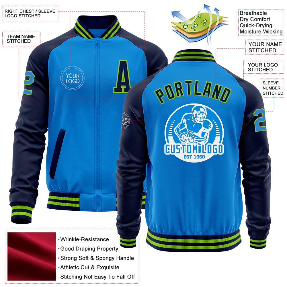 Custom Powder Blue Neon Green-Navy Bomber Varsity Letterman Two Tone Zipper Jacket view 4