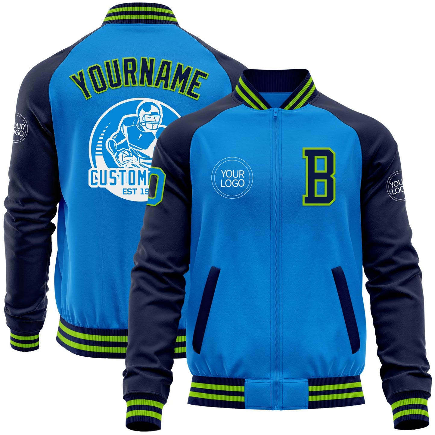 Custom Powder Blue Neon Green-Navy Bomber Varsity Letterman Two Tone Zipper Jacket - Main View
