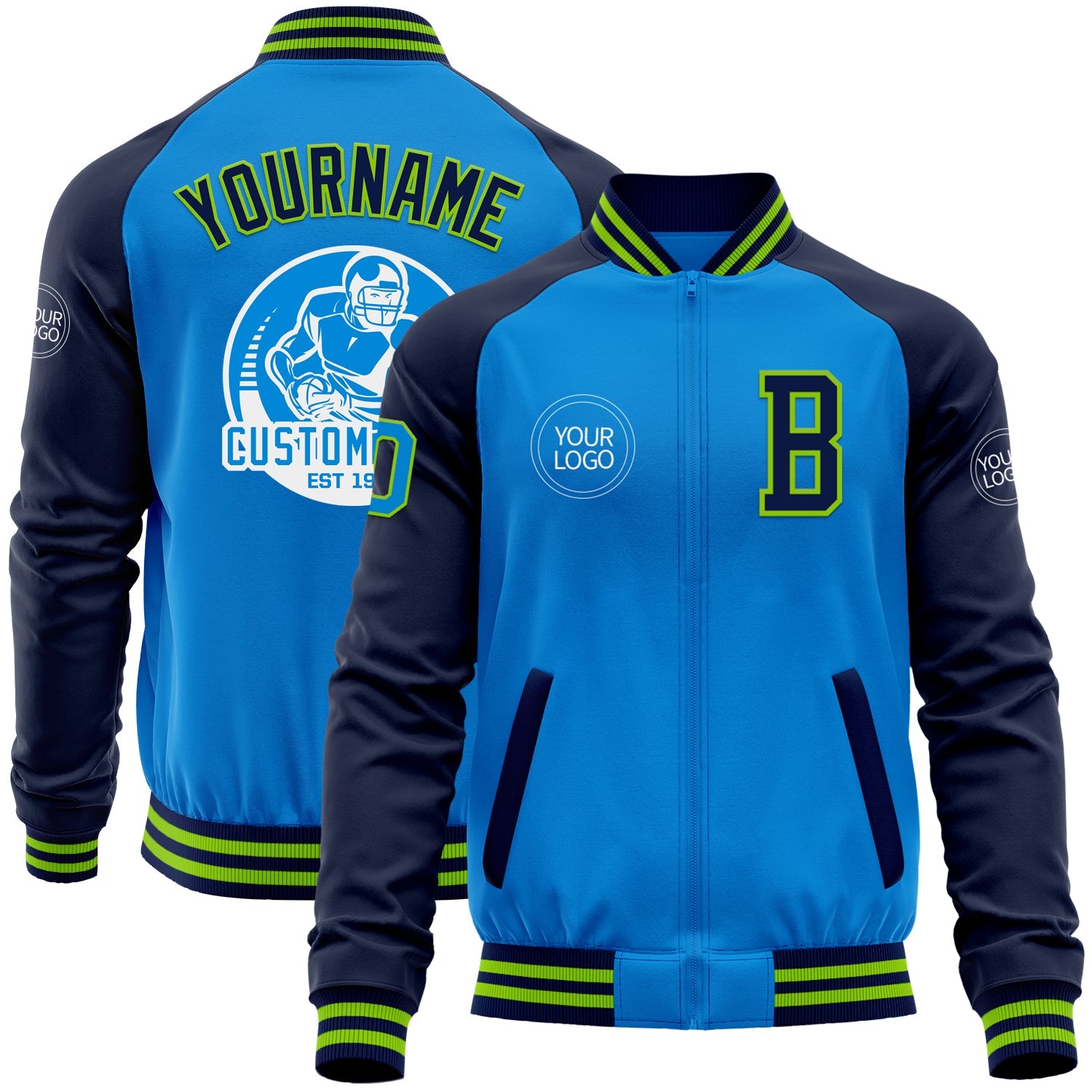 Custom Powder Blue Neon Green-Navy Bomber Varsity Letterman Two Tone Zipper Jacket - Main View