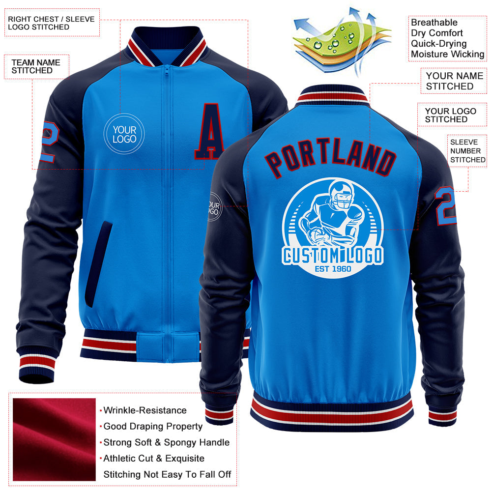 Custom Powder Blue Red-Navy Bomber Varsity Letterman Two Tone Zipper Jacket view 4