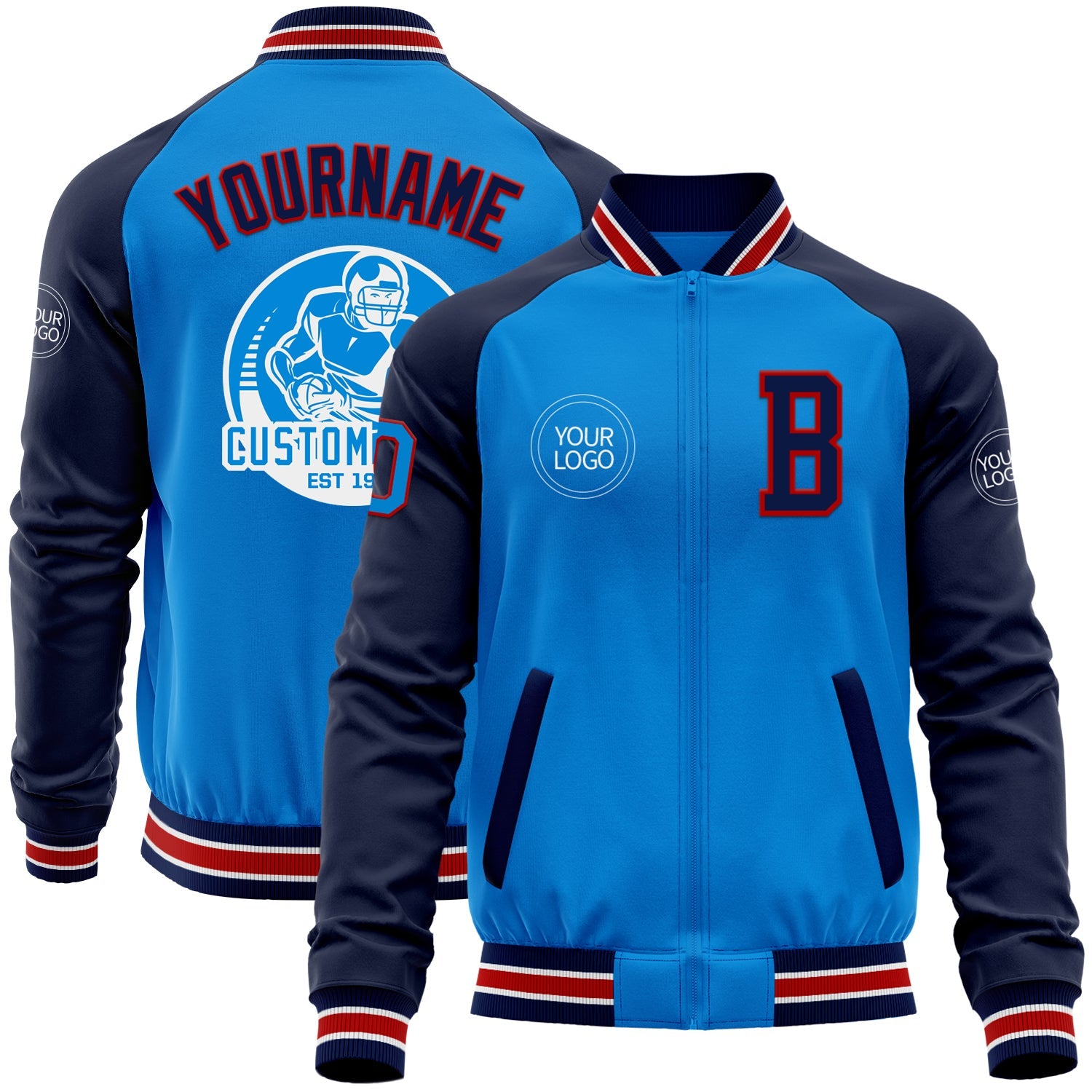 Custom Powder Blue Red-Navy Bomber Varsity Letterman Two Tone Zipper Jacket - Main View