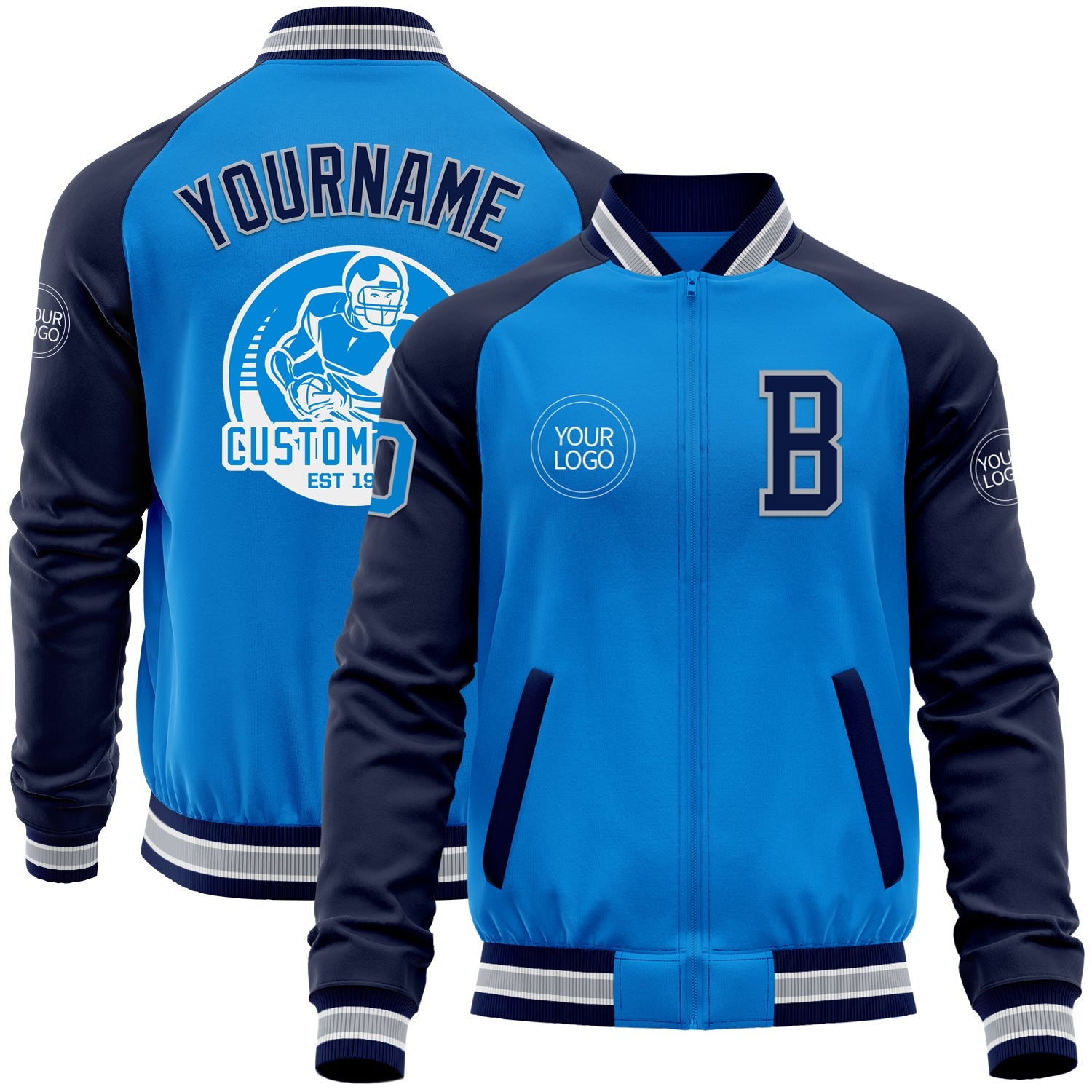 Custom Powder Blue Gray-Navy Bomber Varsity Letterman Two Tone Zipper Jacket - Main View