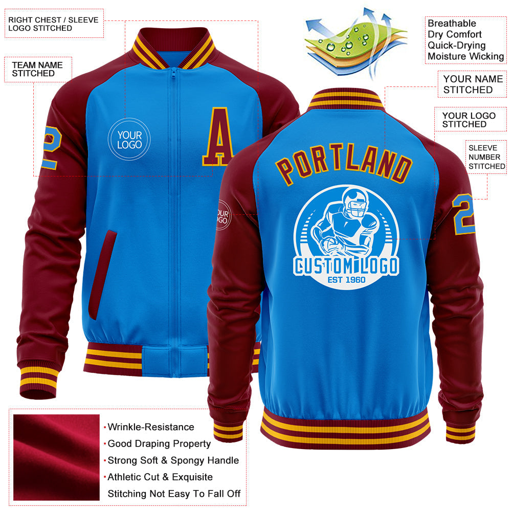 Custom Powder Blue Gold-Crimson Bomber Varsity Letterman Two Tone Zipper Jacket view 4