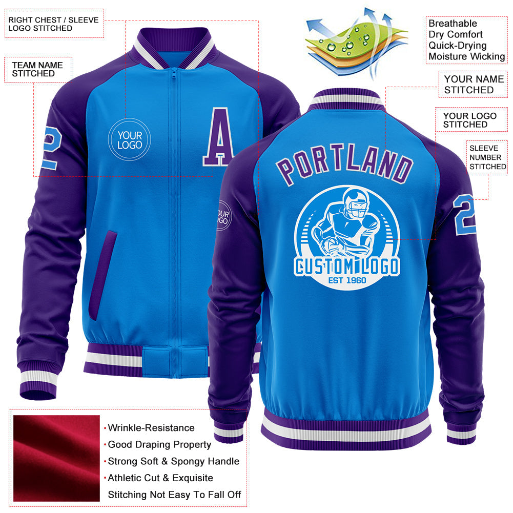 Custom Powder Blue White-Purple Bomber Varsity Letterman Two Tone Zipper Jacket view 4