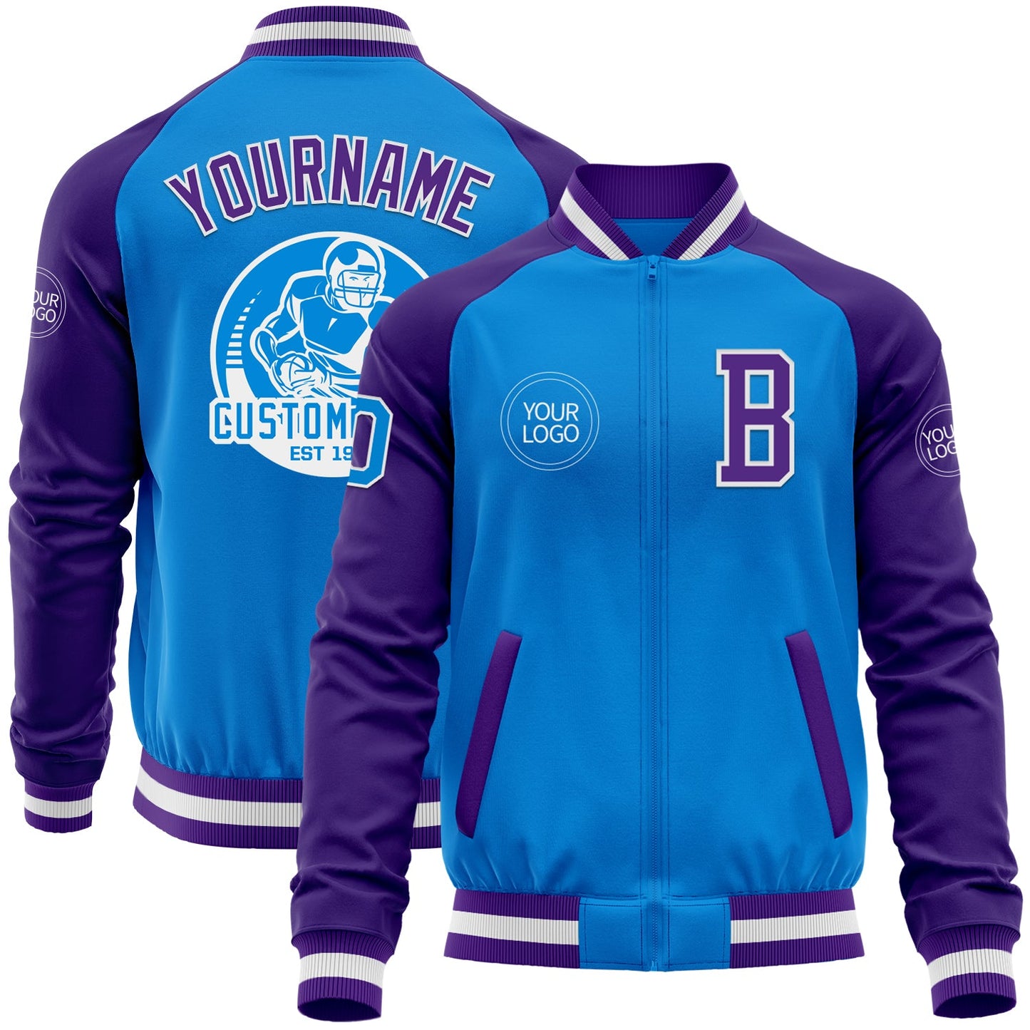 Custom Powder Blue White-Purple Bomber Varsity Letterman Two Tone Zipper Jacket - Main View