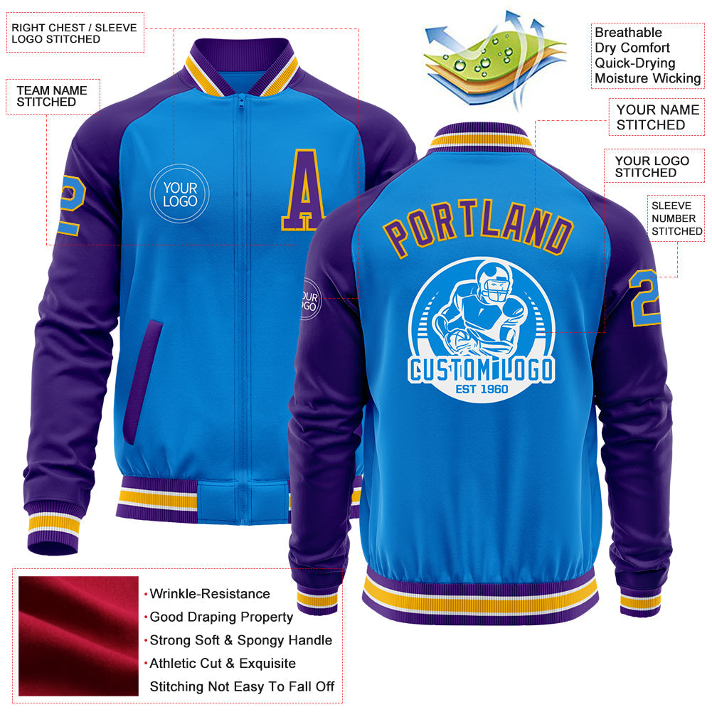 Custom Powder Blue Gold-Purple Bomber Varsity Letterman Two Tone Zipper Jacket view 4