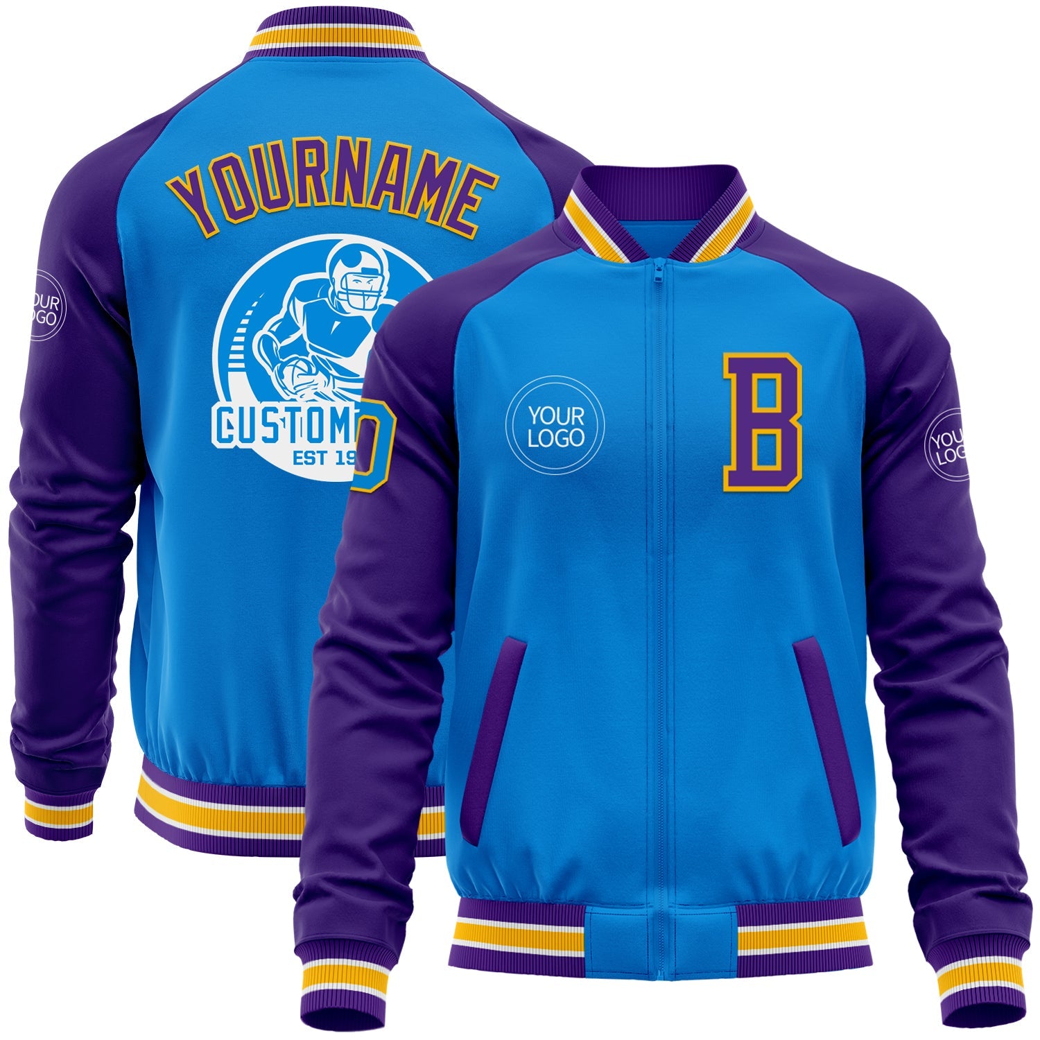 Custom Powder Blue Gold-Purple Bomber Varsity Letterman Two Tone Zipper Jacket - Main View