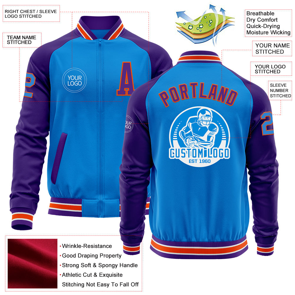 Custom Powder Blue Orange-Purple Bomber Varsity Letterman Two Tone Zipper Jacket view 4