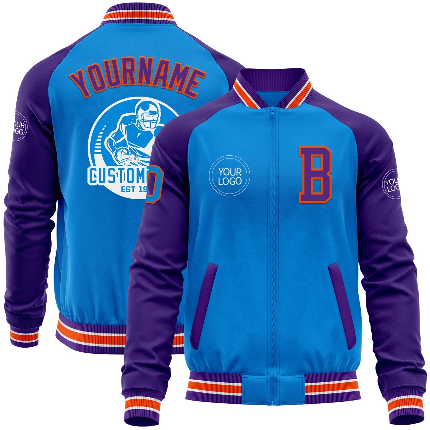 Custom Powder Blue Orange-Purple Bomber Varsity Letterman Two Tone Zipper Jacket - Main View