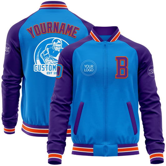 Custom Powder Blue Orange-Purple Bomber Varsity Letterman Two Tone Zipper Jacket - Main View