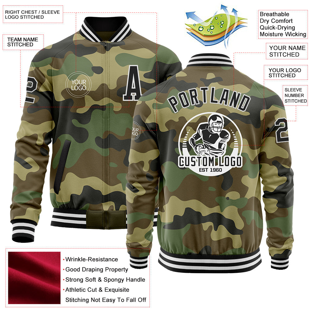 Custom Camo Black-White Bomber Varsity Letterman Salute To Service Zipper Jacket view 4