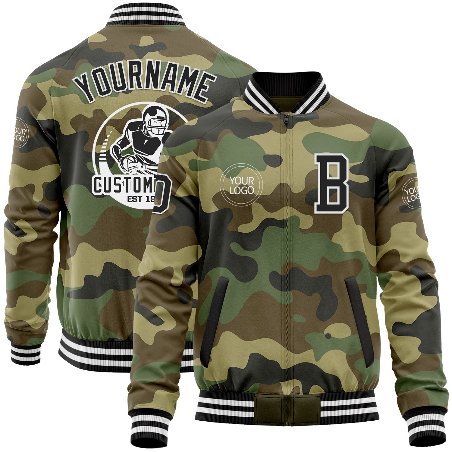 Custom Camo Black-White Bomber Varsity Letterman Salute To Service Zipper Jacket - Main View