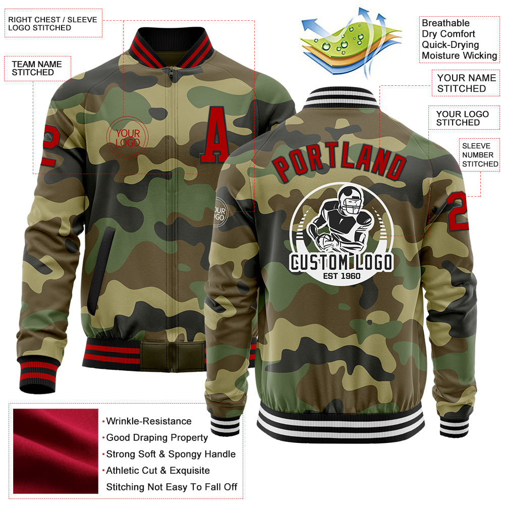 Custom Camo Red-Black Bomber Varsity Letterman Salute To Service Zipper Jacket view 4
