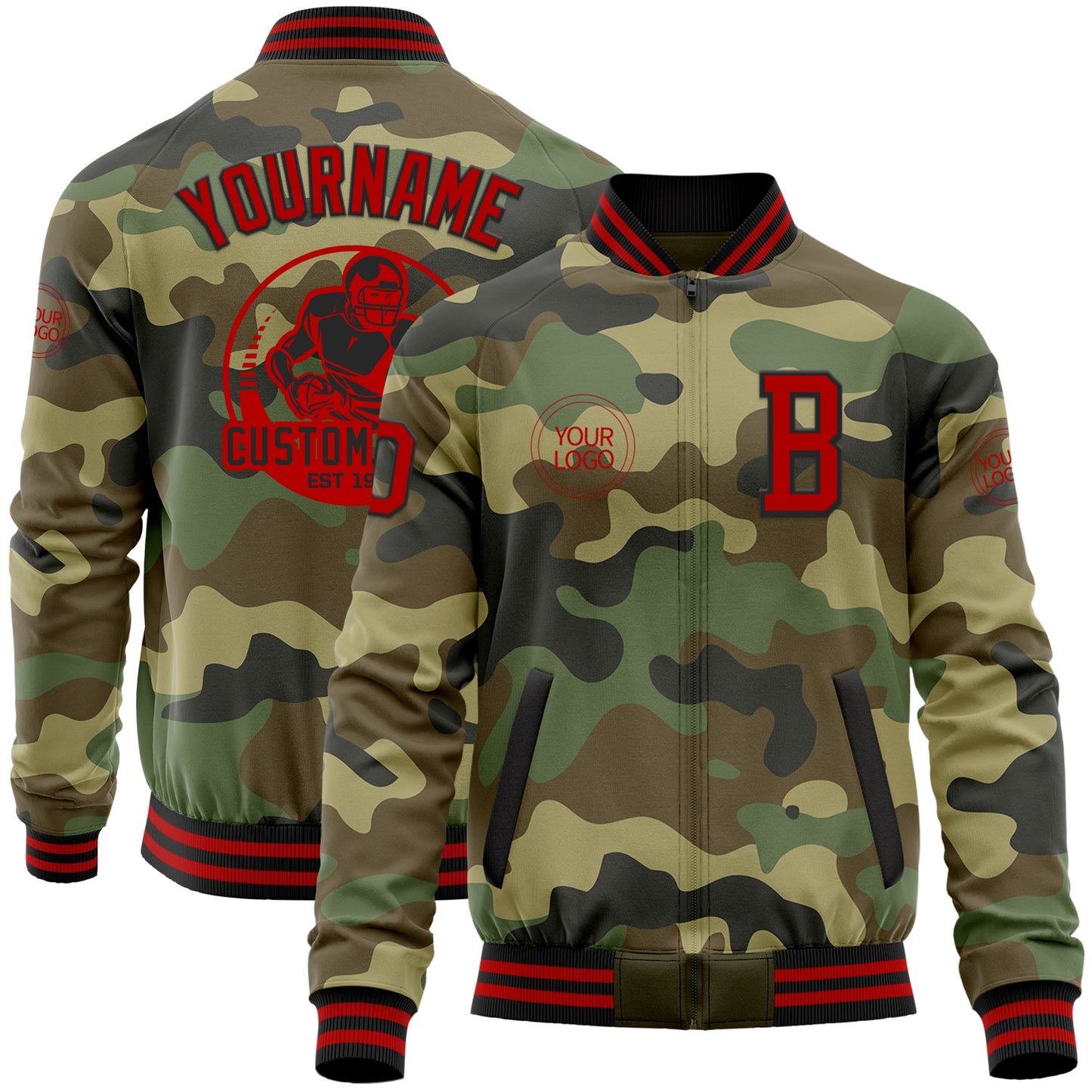 Custom Camo Red-Black Bomber Varsity Letterman Salute To Service Zipper Jacket - Main View