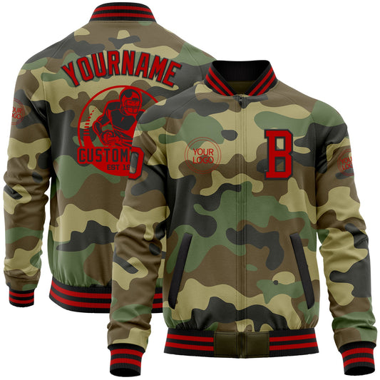 Custom Camo Red-Black Bomber Varsity Letterman Salute To Service Zipper Jacket - Main View