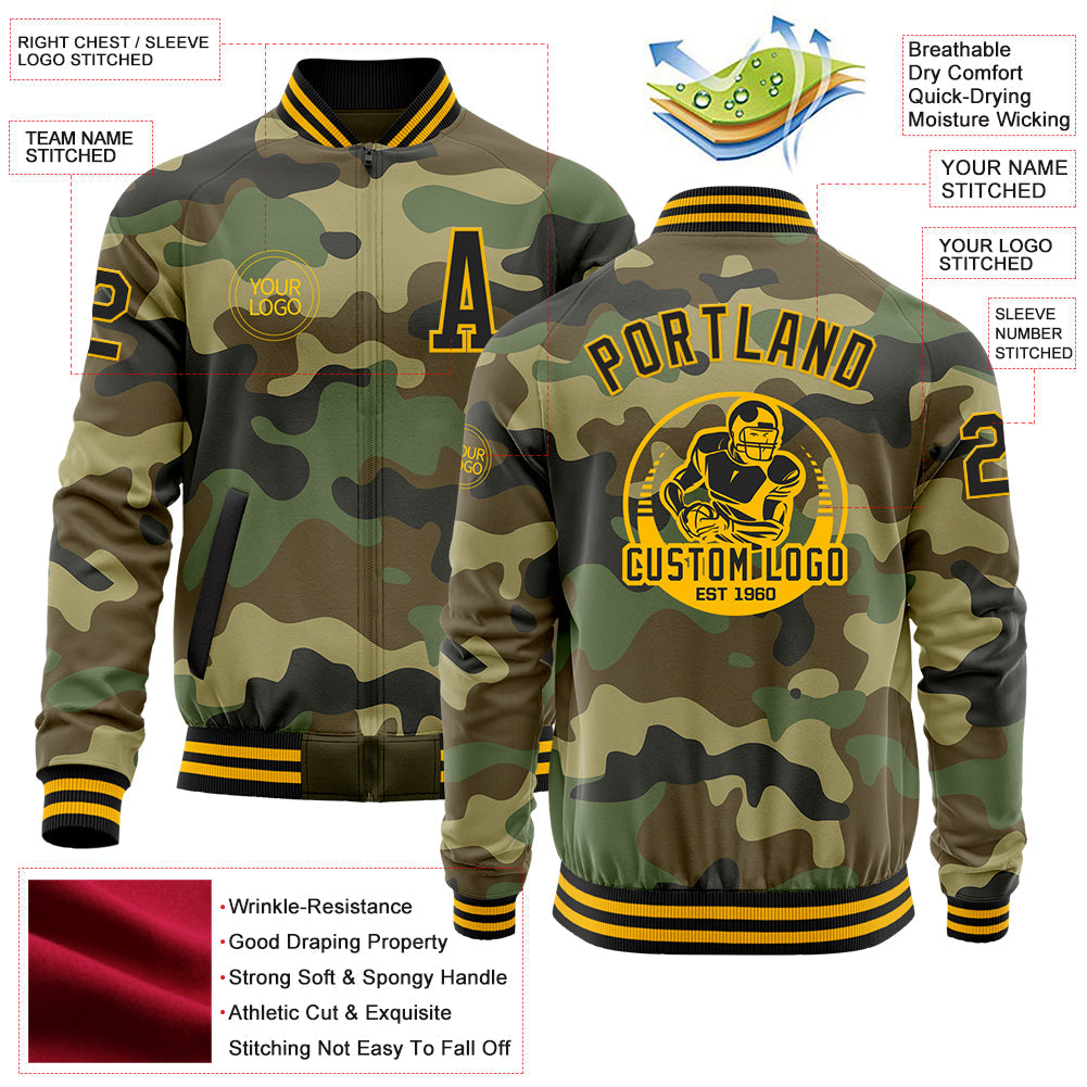 Custom Camo Black-Gold Bomber Varsity Letterman Salute To Service Zipper Jacket view 4