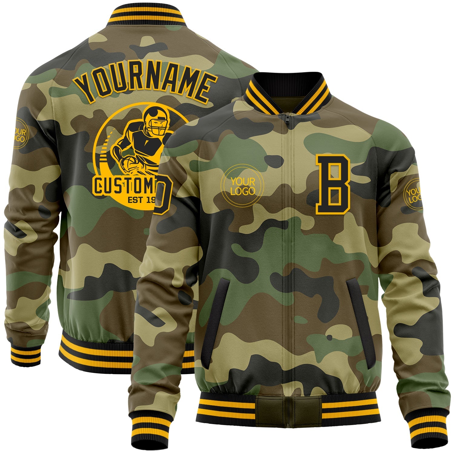 Custom Camo Black-Gold Bomber Varsity Letterman Salute To Service Zipper Jacket - Main View