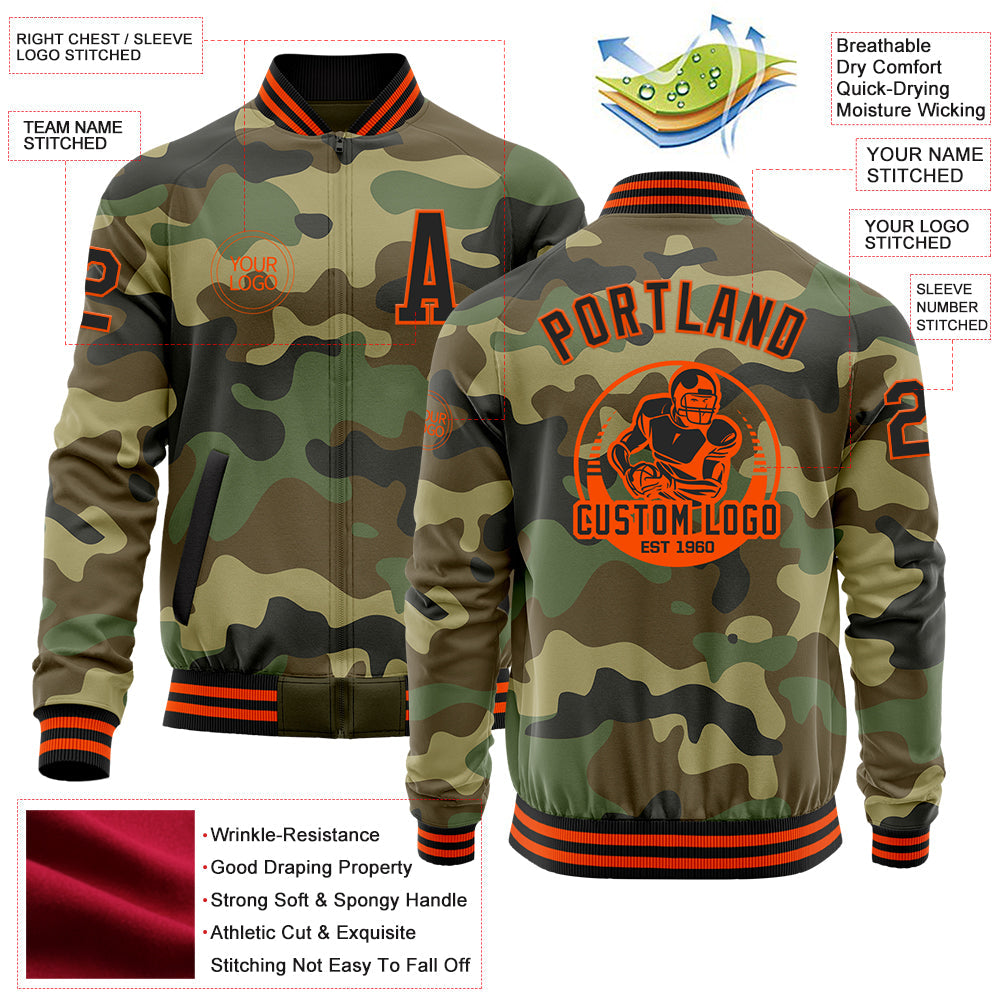 Custom Camo Black-Orange Bomber Varsity Letterman Salute To Service Zipper Jacket view 4