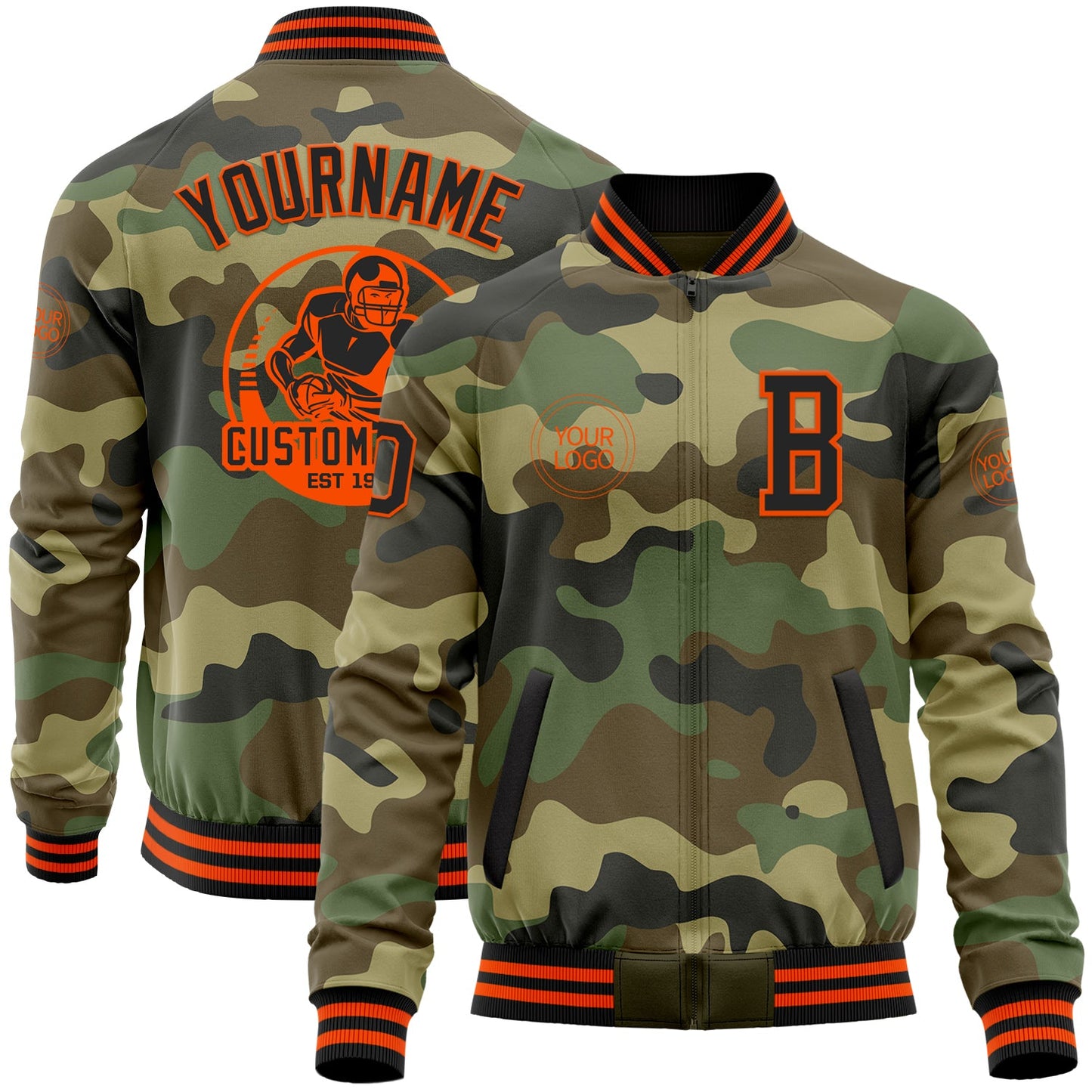 Custom Camo Black-Orange Bomber Varsity Letterman Salute To Service Zipper Jacket - Main View