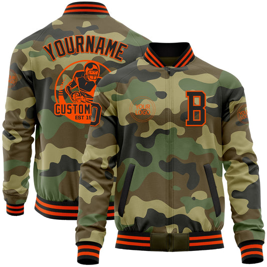 Custom Camo Black-Orange Bomber Varsity Letterman Salute To Service Zipper Jacket - Main View