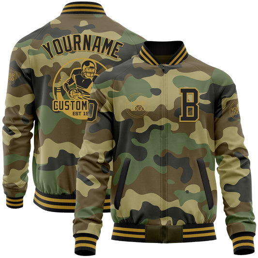 Custom Camo Black-Old Gold Bomber Varsity Letterman Salute To Service Zipper Jacket - Main View