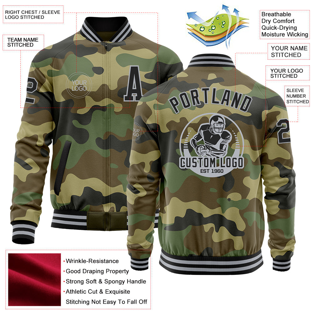 Custom Camo Black-Gray Bomber Varsity Letterman Salute To Service Zipper Jacket view 4