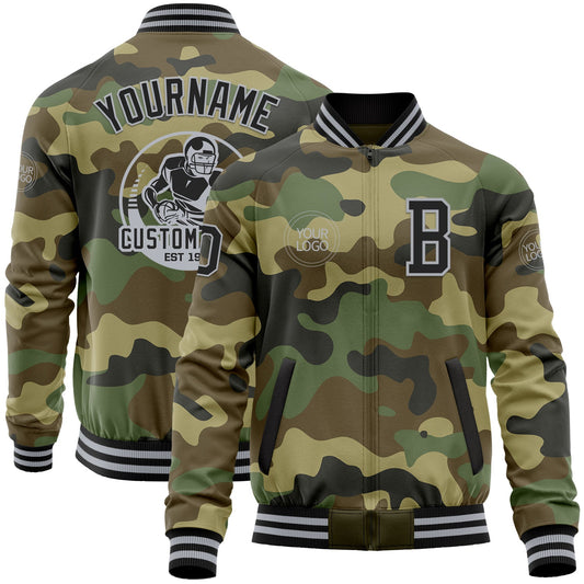 Custom Camo Black-Gray Bomber Varsity Letterman Salute To Service Zipper Jacket - Main View