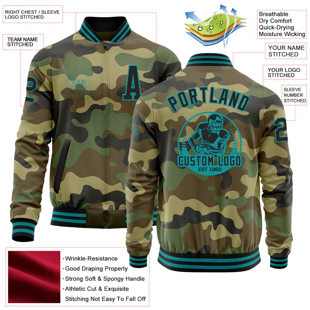 Custom Camo Black-Teal Bomber Varsity Letterman Salute To Service Zipper Jacket view 4