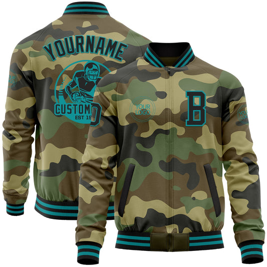 Custom Camo Black-Teal Bomber Varsity Letterman Salute To Service Zipper Jacket - Main View