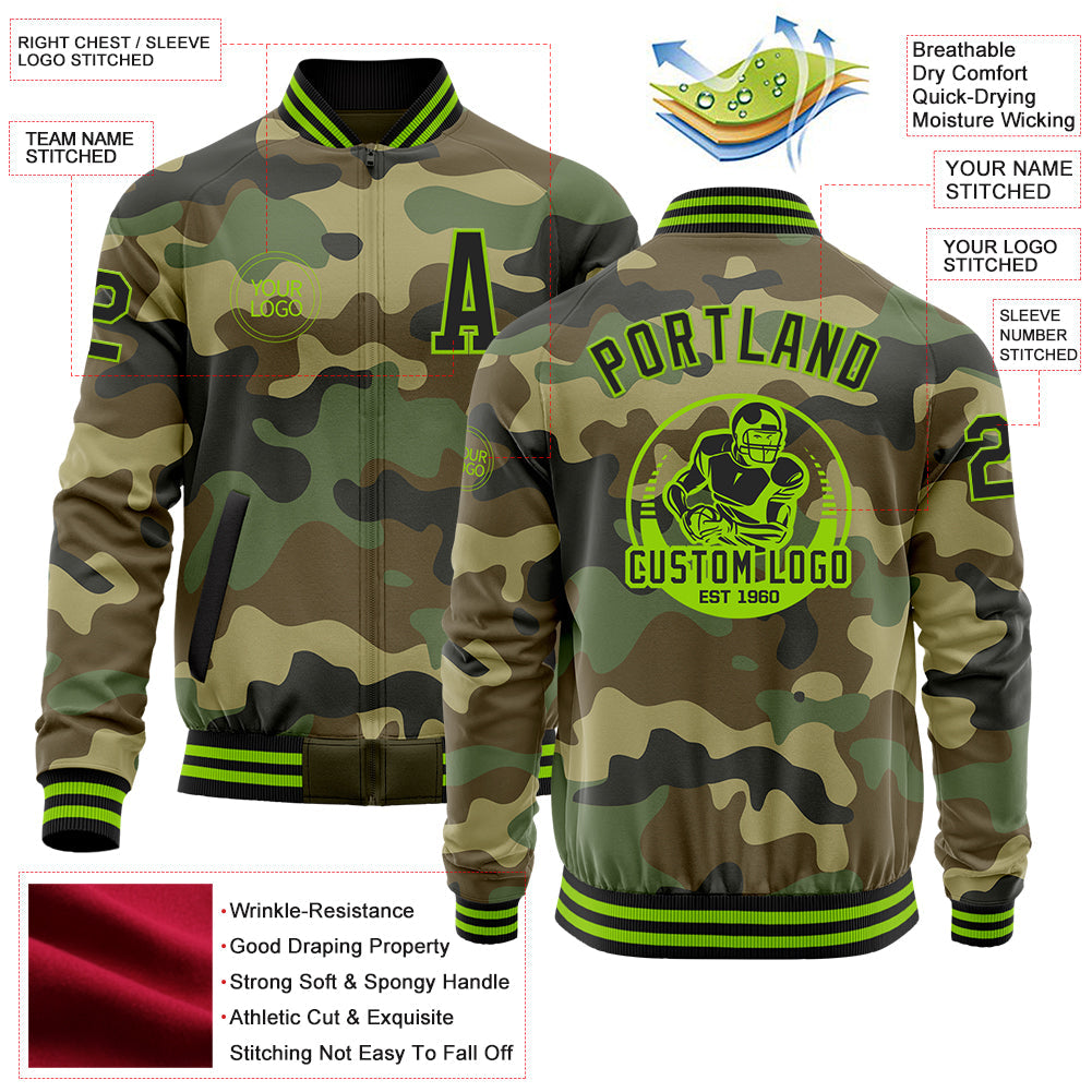 Custom Camo Black-Neon Green Bomber Varsity Letterman Salute To Service Zipper Jacket view 4