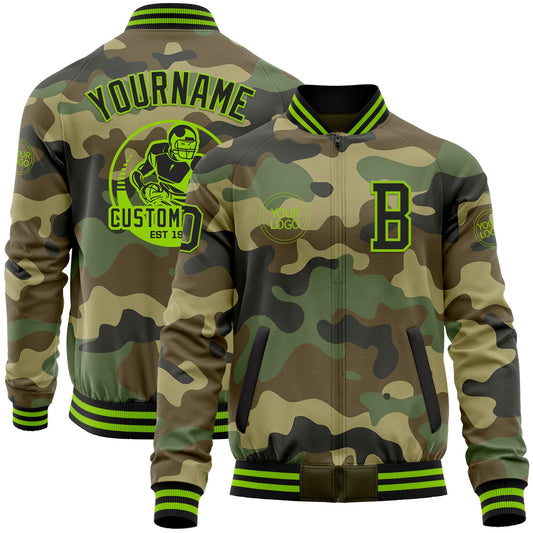 Custom Camo Black-Neon Green Bomber Varsity Letterman Salute To Service Zipper Jacket - Main View