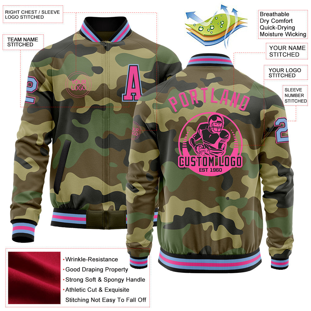 Custom Camo Light Blue Black-Pink Bomber Varsity Letterman Salute To Service Zipper Jacket view 4