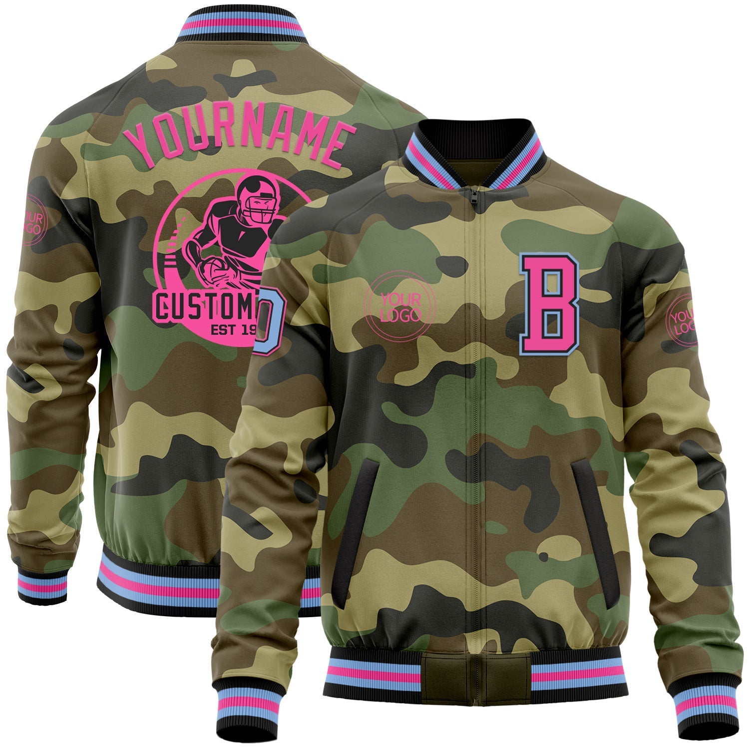 Custom Camo Light Blue Black-Pink Bomber Varsity Letterman Salute To Service Zipper Jacket - Main View