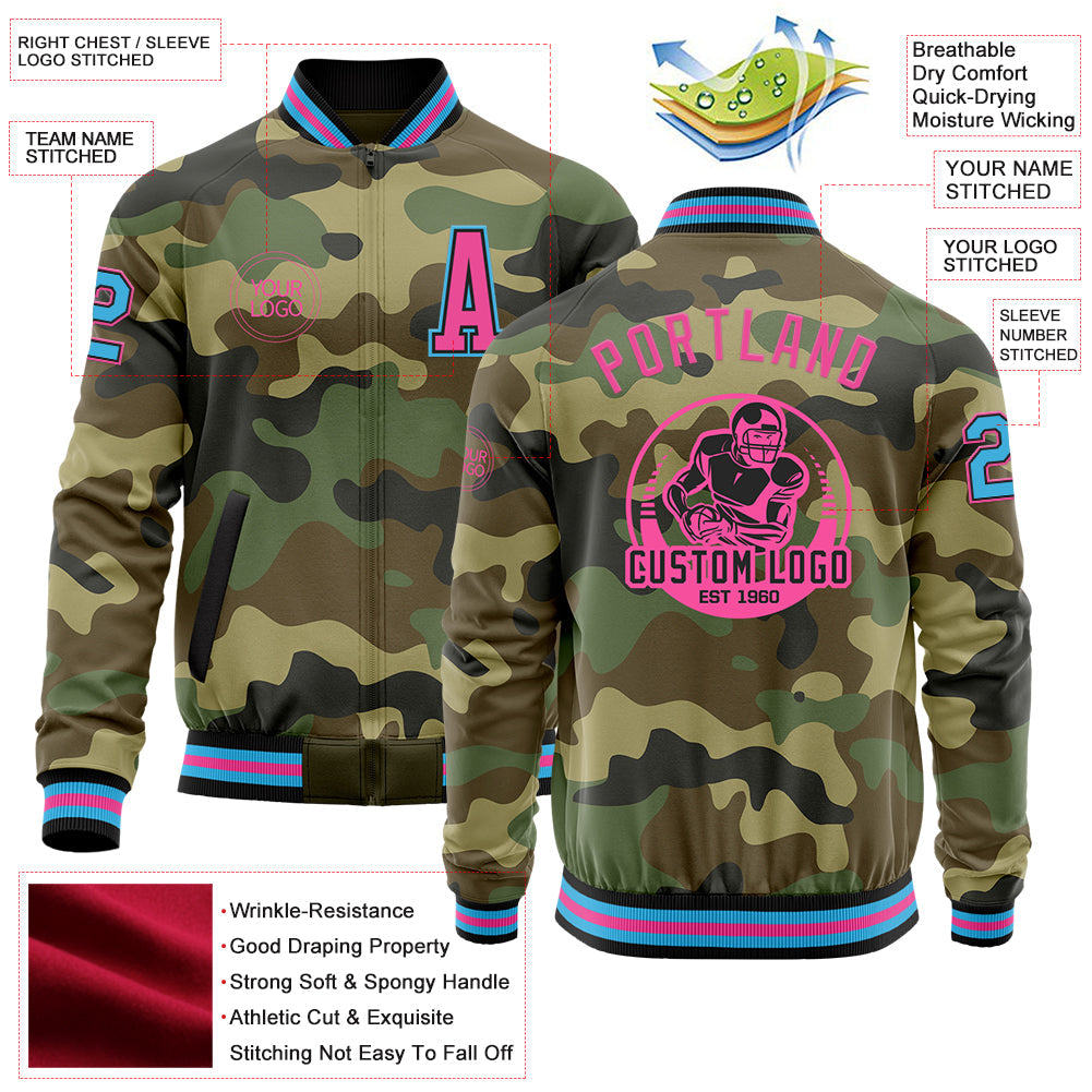 Custom Camo Sky Blue Black-Pink Bomber Varsity Letterman Salute To Service Zipper Jacket view 4