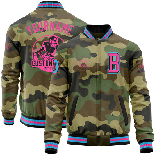 Custom Camo Sky Blue Black-Pink Bomber Varsity Letterman Salute To Service Zipper Jacket - Main View