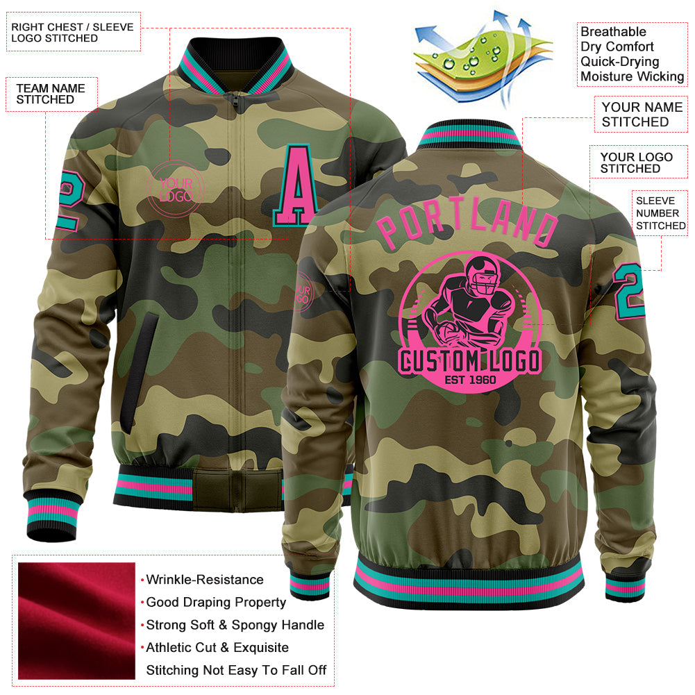 Custom Camo Aqua Black-Pink Bomber Varsity Letterman Salute To Service Zipper Jacket view 4