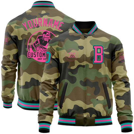 Custom Camo Aqua Black-Pink Bomber Varsity Letterman Salute To Service Zipper Jacket - Main View