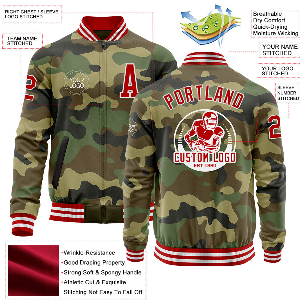Custom Camo Red-White Bomber Varsity Letterman Salute To Service Zipper Jacket view 4