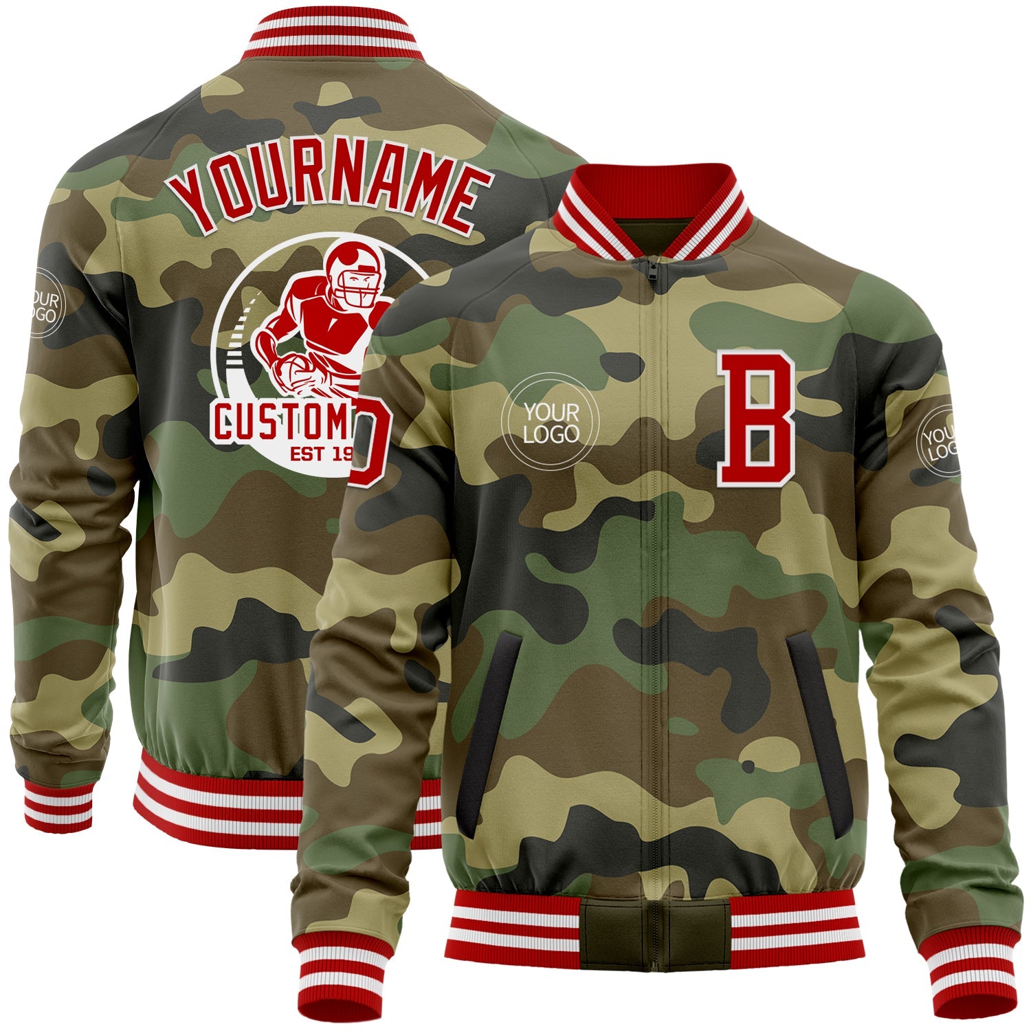 Custom Camo Red-White Bomber Varsity Letterman Salute To Service Zipper Jacket - Main View