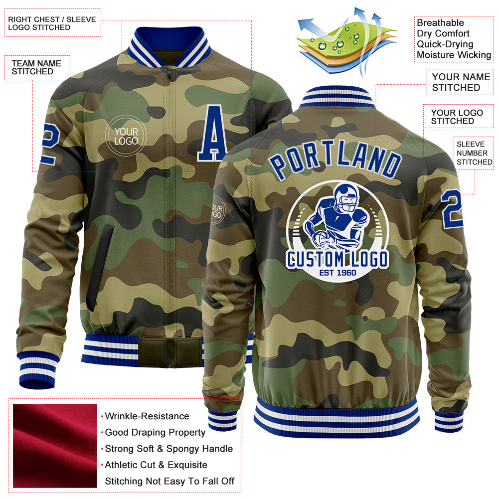 Custom Camo Royal-White Bomber Varsity Letterman Salute To Service Zipper Jacket view 4