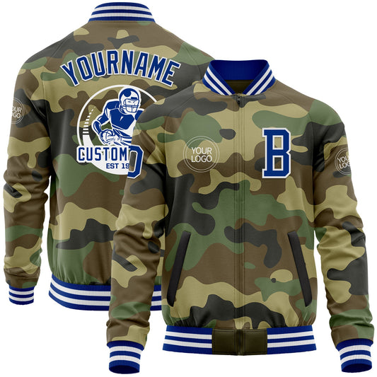 Custom Camo Royal-White Bomber Varsity Letterman Salute To Service Zipper Jacket - Main View