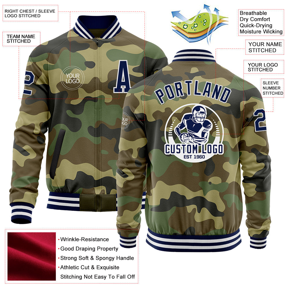 Custom Camo Navy-White Bomber Varsity Letterman Salute To Service Zipper Jacket view 4