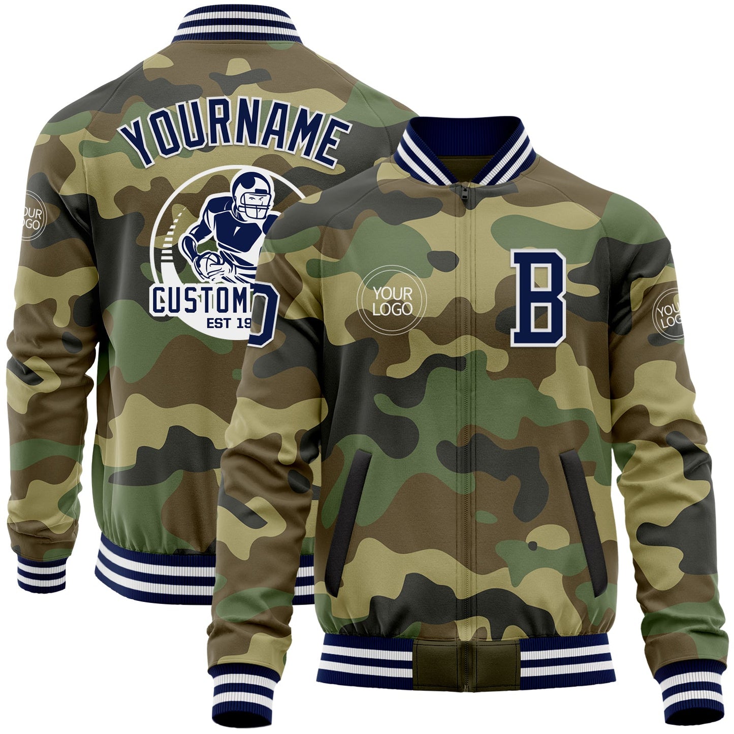 Custom Camo Navy-White Bomber Varsity Letterman Salute To Service Zipper Jacket - Main View
