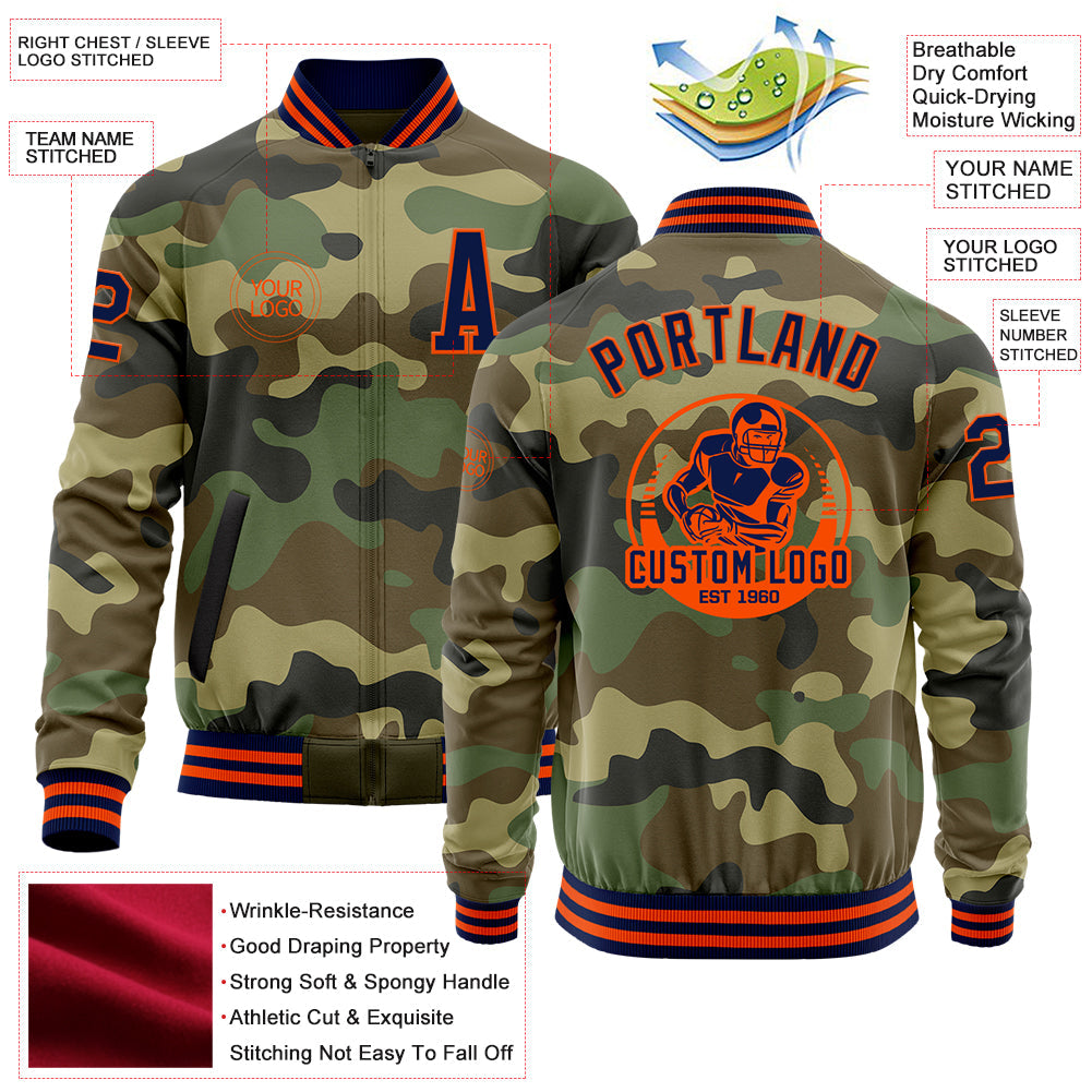 Custom Camo Navy-Orange Bomber Varsity Letterman Salute To Service Zipper Jacket view 4