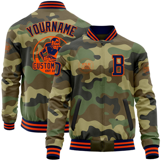 Custom Camo Navy-Orange Bomber Varsity Letterman Salute To Service Zipper Jacket - Main View