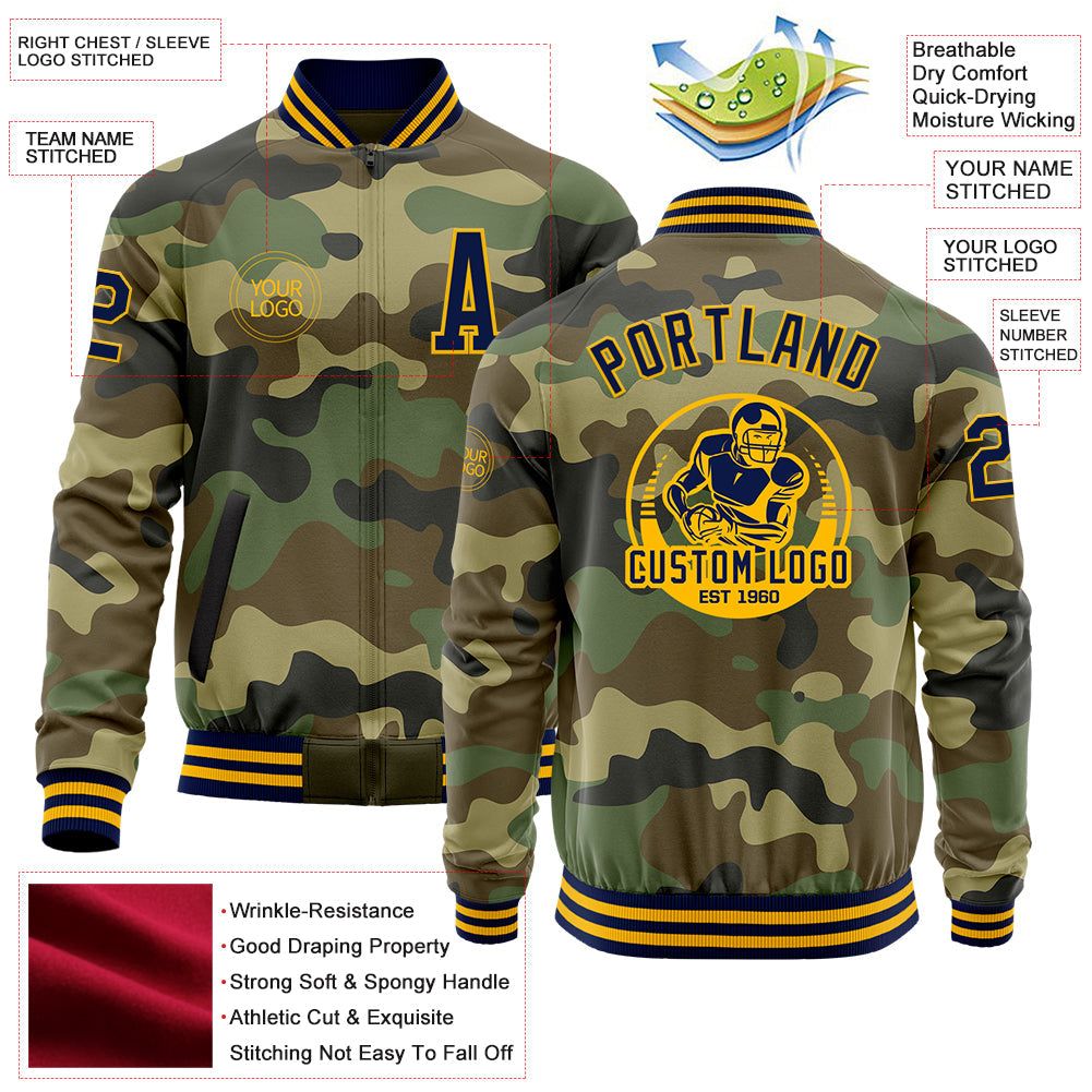 Custom Camo Navy-Gold Bomber Varsity Letterman Salute To Service Zipper Jacket view 4